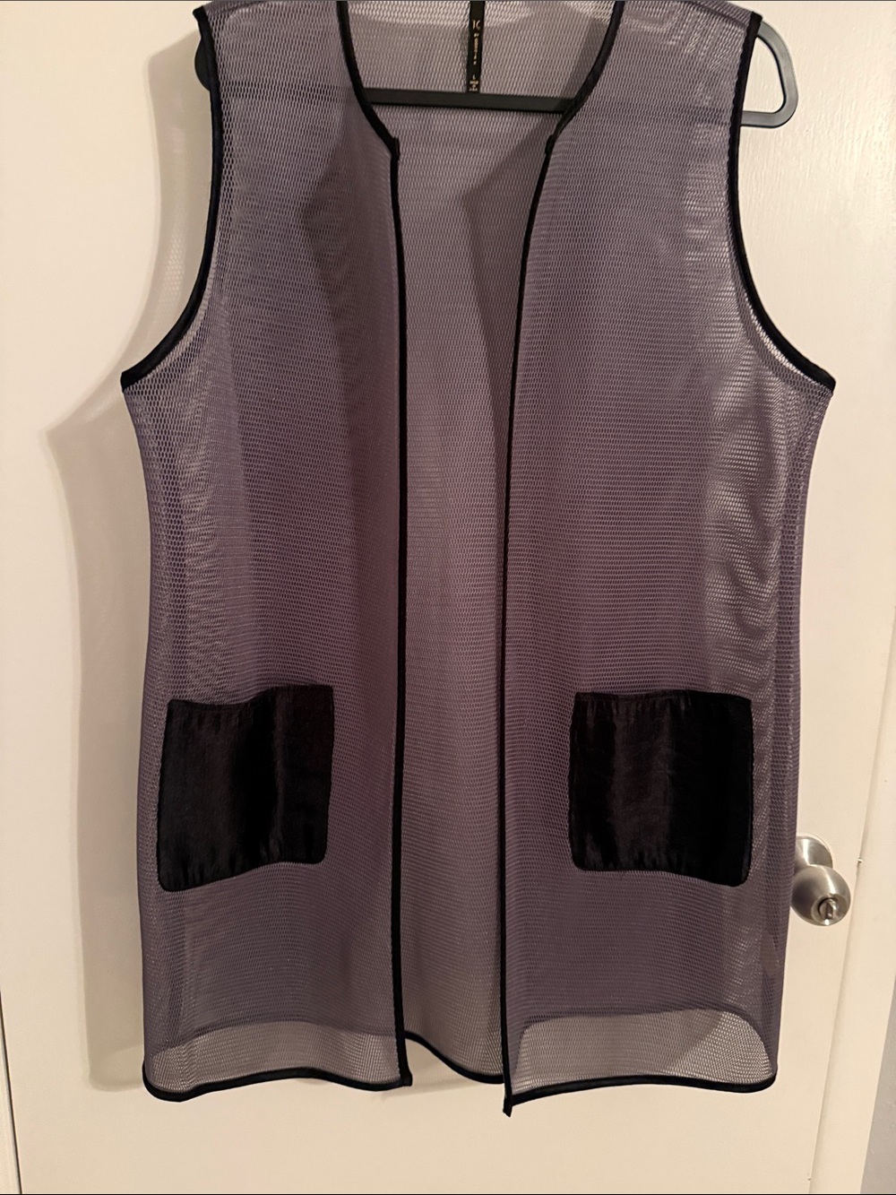 Sleeveless Mesh Overlay Vest with Velvet Accent Pockets - Gray